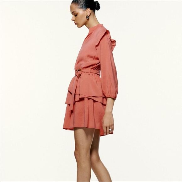 NWOT Zara Ruffled Mini Dress Long Sleeve Peach - Picture 2 of 9